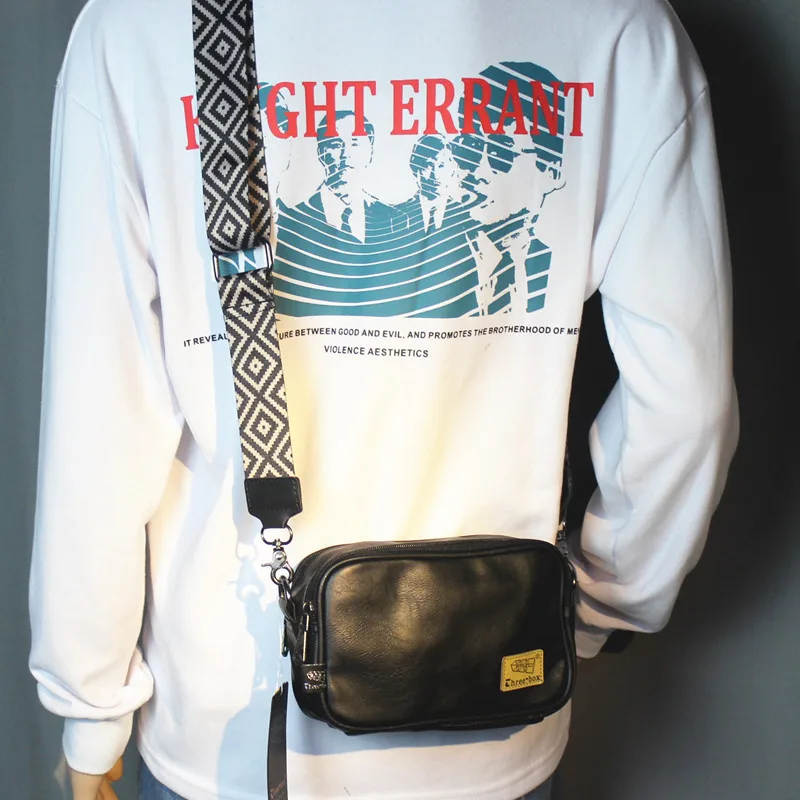 Fashion PU Leather Men's Small Crossbody Bag Wide Strap Shoulder Bag Male Vintage Messenger Bag Casual Travel Sling Bag