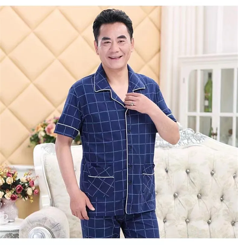 mens silk pajamas Summer Cotton Pajamas Sets For Men 4XL Sleepwear Short Sleeved Long Pants Pyjamas Plus Size Night Pijamas Homewear soft cotton pyjamas