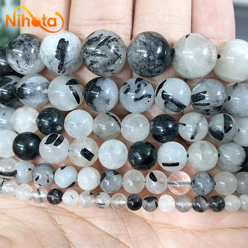 Natural Black Rutilated Quartz Crystals Round Loose Beads Handmade Diy Bracelet For Jewelry Making 4/6/8/10/12mm 15'' Strand