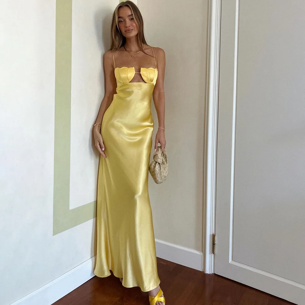 

New Summer Yellow Color Sexy Holllow Out Spaghetti Strap Ankle Lenght Bandage Dress Graceful Woman Evening Party Outfit