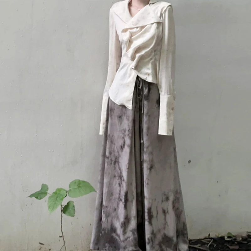 Autumn Winter Chinese Style Folds Waist Shirt Ink Printed Long Skirt Set Women Elegant Fashion Vintage Irregular Top Skirt Suit