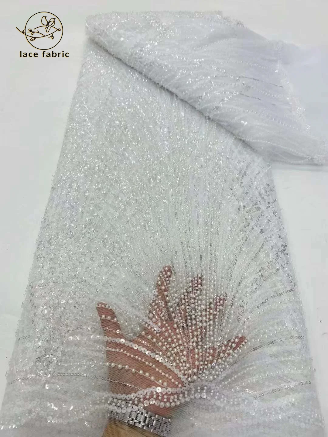 

White African Mesh Lace Fabric, French Tulle, Beaded, Lace Fabric for Elegant Wedding Party Women Dresses, Latest, 5Yards, 2024