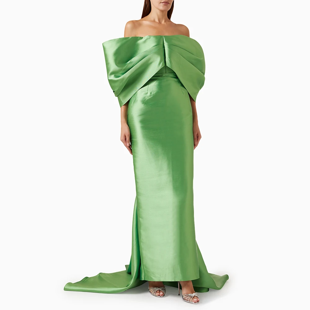 

Bud Green Wedding Guest Dresses for Women Off the Shoulder Column Evening Gowns Maxi Taffeta Sheath Sweep Train Simple Prom Gown