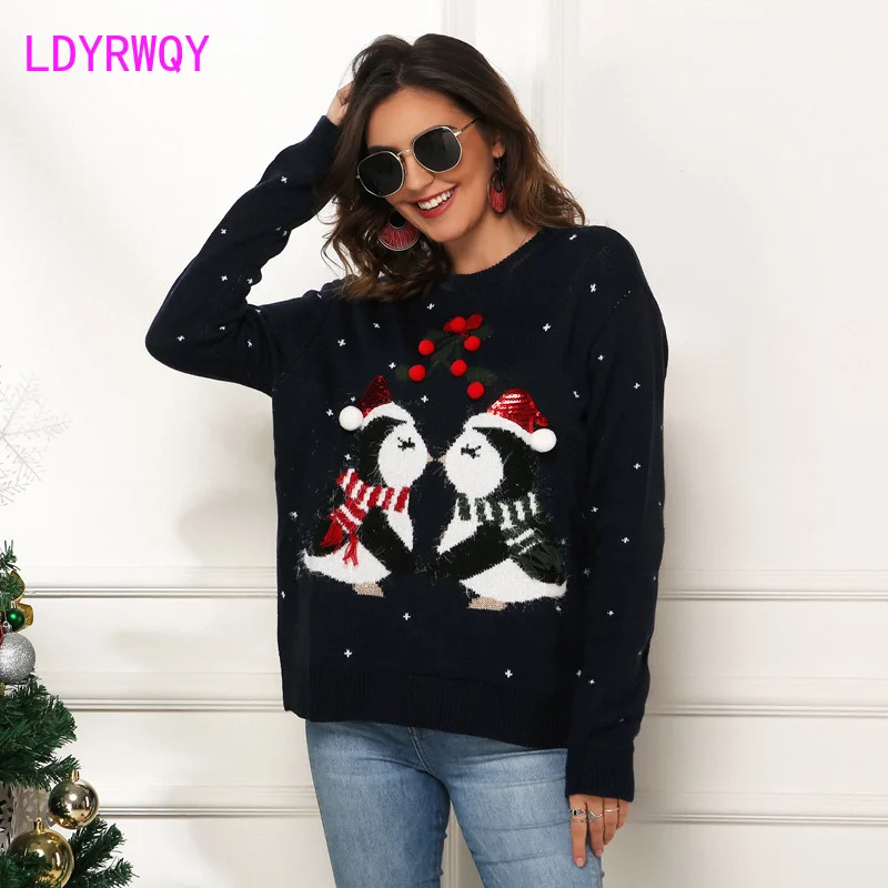 

Women's Little Penguin Jacquard Loose Long sleeved Knitted Sweater Pullover Christmas Sweater