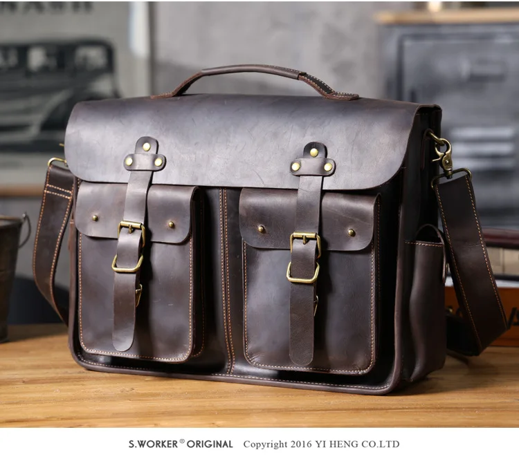 Vintage hochwertige Crazy Horse Rindsleder Herren große Aktentasche lässig Reise Luxus handgefertigte echtes Leder Laptop Handtasche – Detail 9