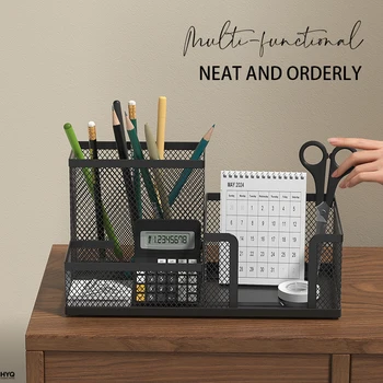 Organizer da scrivania in rete per forniture da ufficio con portapenne e cestini portaoggetti per accessori da scrivania, 3 scomparti, nero