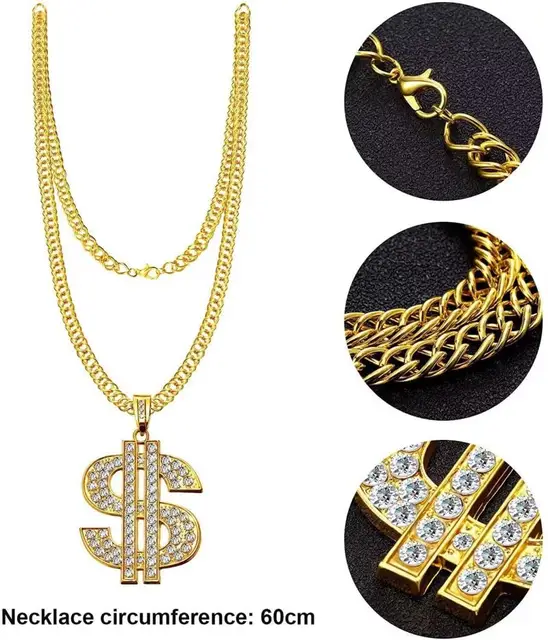 80s Rapper Costume Kit Gold Chains, Dollar Sign Hat Glasses