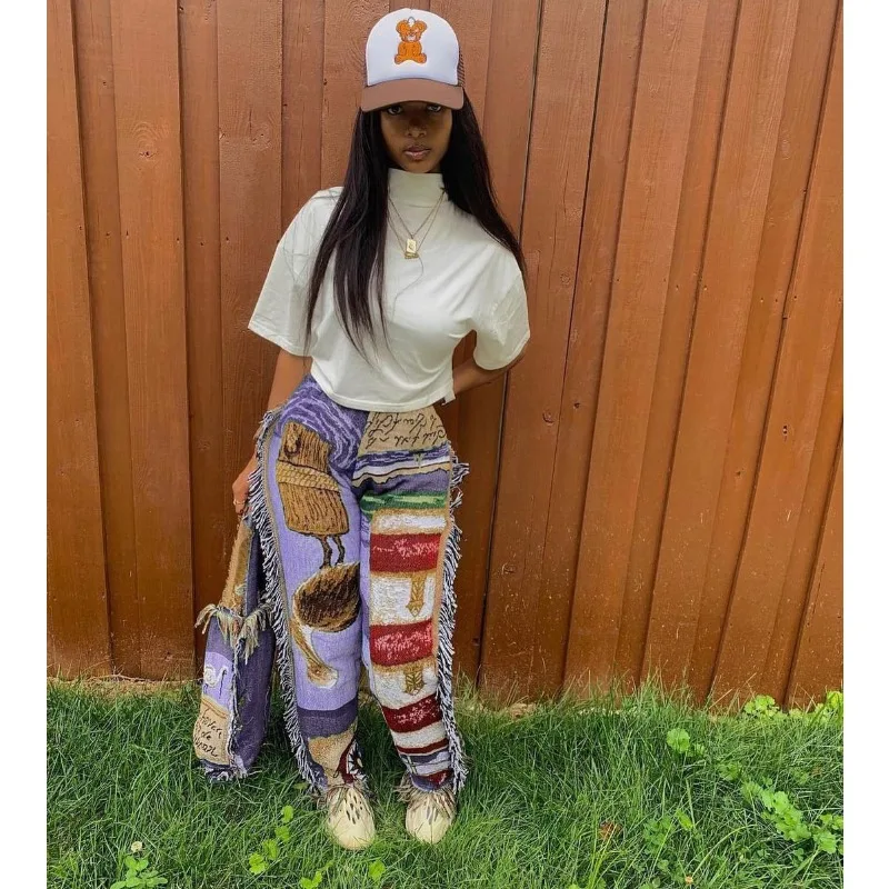 Cartoon Print Tassel Casual Straight Pant Women Y2K Streetwear 2023 Autumn Winter Elastic High Waist Trousers High Street