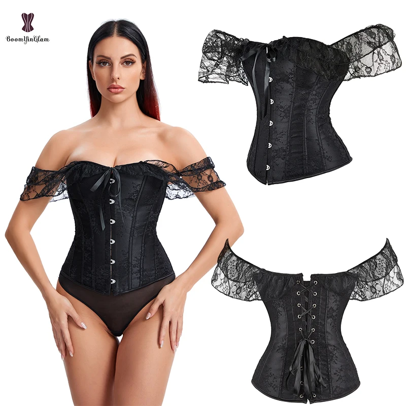 35Cm Height 13.78 Inches Korset Woman Plus Size Outfit Cloth 14 Elastic Bones Floral Lace Corset Top Bustier With Off Shoulder