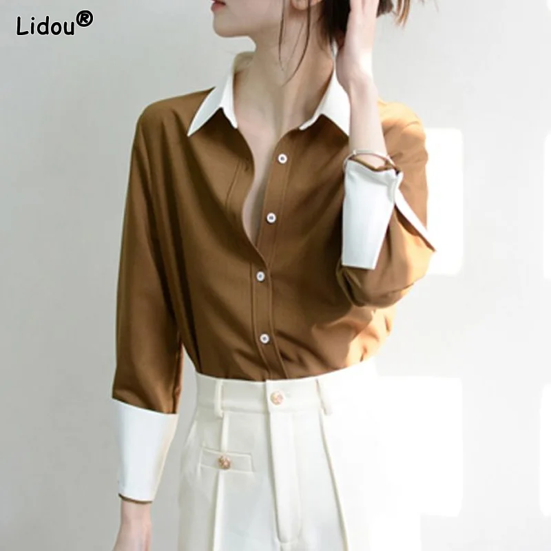 Женская Тонкая блузка на пуговицах, повседневная однотонная Свободная блузка составного кроя с отложным воротником в Корейском стиле, весна-лето 2023