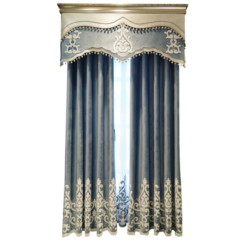 Nordic Velvet Embroidered Blue French Curtains for Living Dining room Bedroom Tulle Finished Product Customization