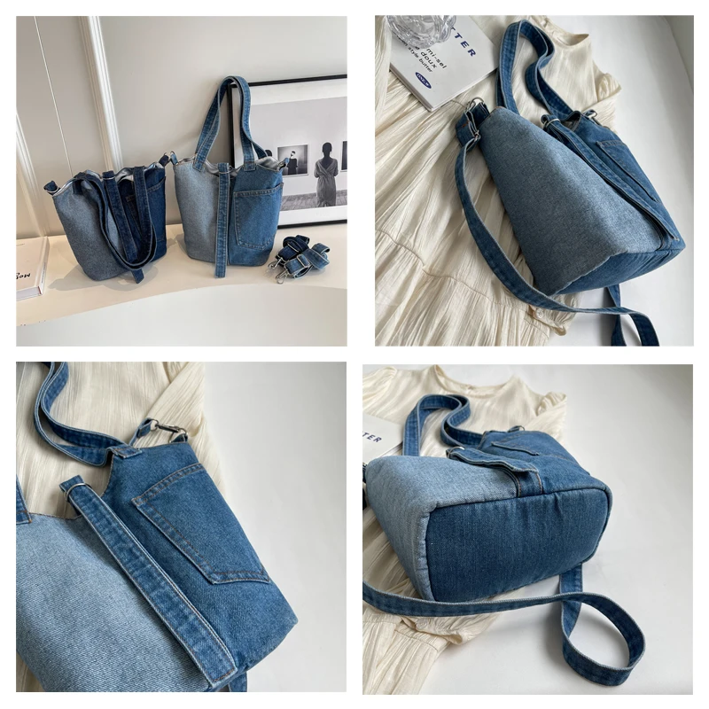 Patchwork Denim Women's Bag New Jeans Messenger Bag Y2K Canvas Shoulder Bag Cross Eco Bag Korean Shopping Satchel Bucket Handbag