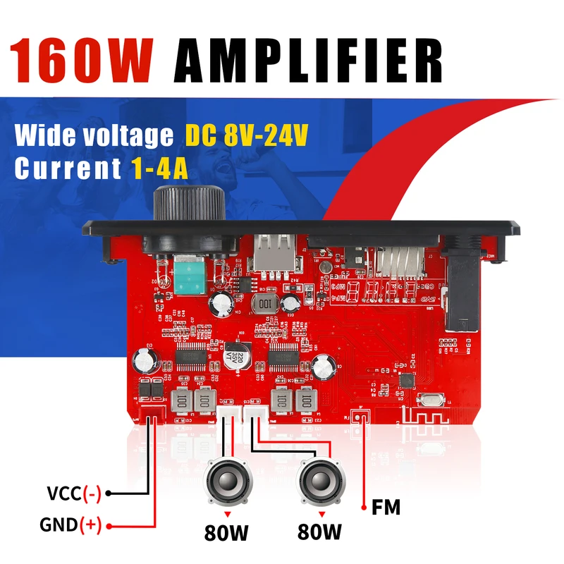 160W Amplifier Bluetooth MP3 WMA APE Decoder Board 12V 80W