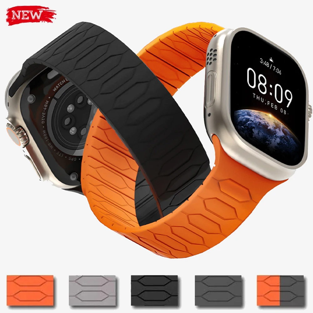 

Ремешок силиконовый для Apple Watch Ultra 2 49 мм, резиновый Магнитный браслет для IWatch Series 9 8 7 6 4 5 4 Se 41 мм 45 мм 44 мм 42 38 40