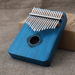 Mahogany Wood 17-Key Thumb Piano - Portable Kalimba Finger Instrument Gift (Blue flower)