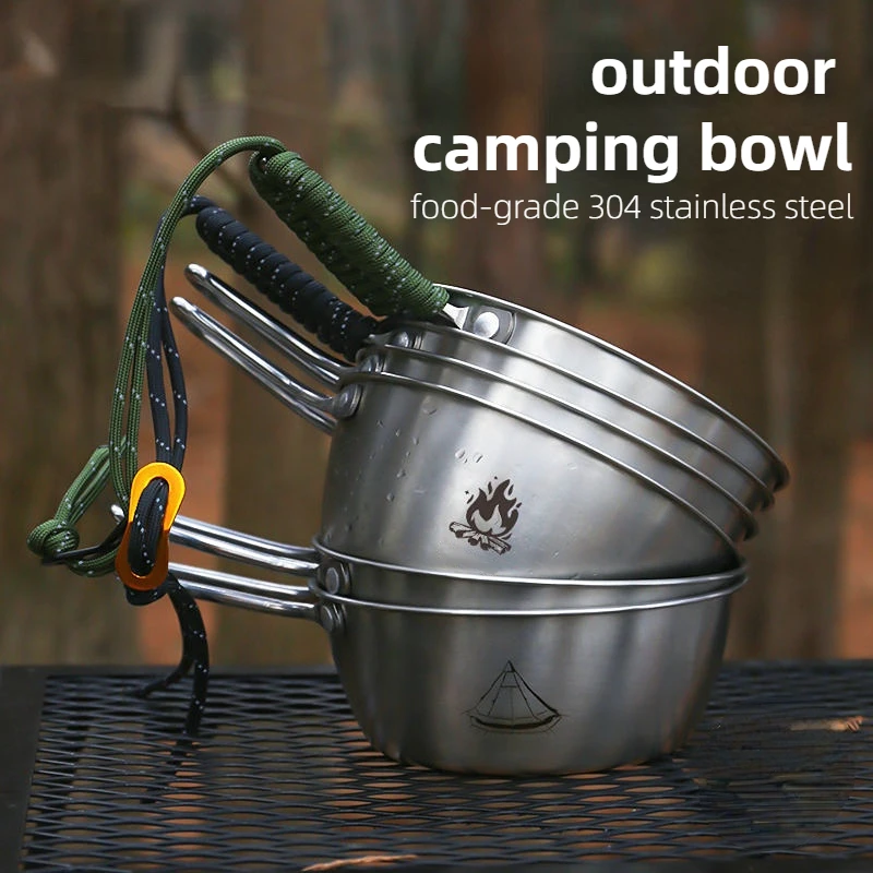 Outdoor Sierra 304 Stainless Steel Camping Bowl 450ml 600ml Picnic Tableware Barbecue Hiking Cup Picnic Storage Bag