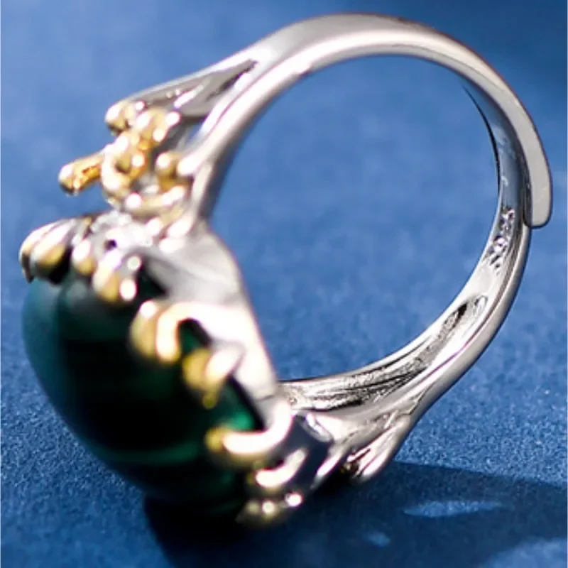 Exquisite And Small Water Drop Shaped S925 Silver Malachite Retro National Style Opening  Female Minority Personality Ring