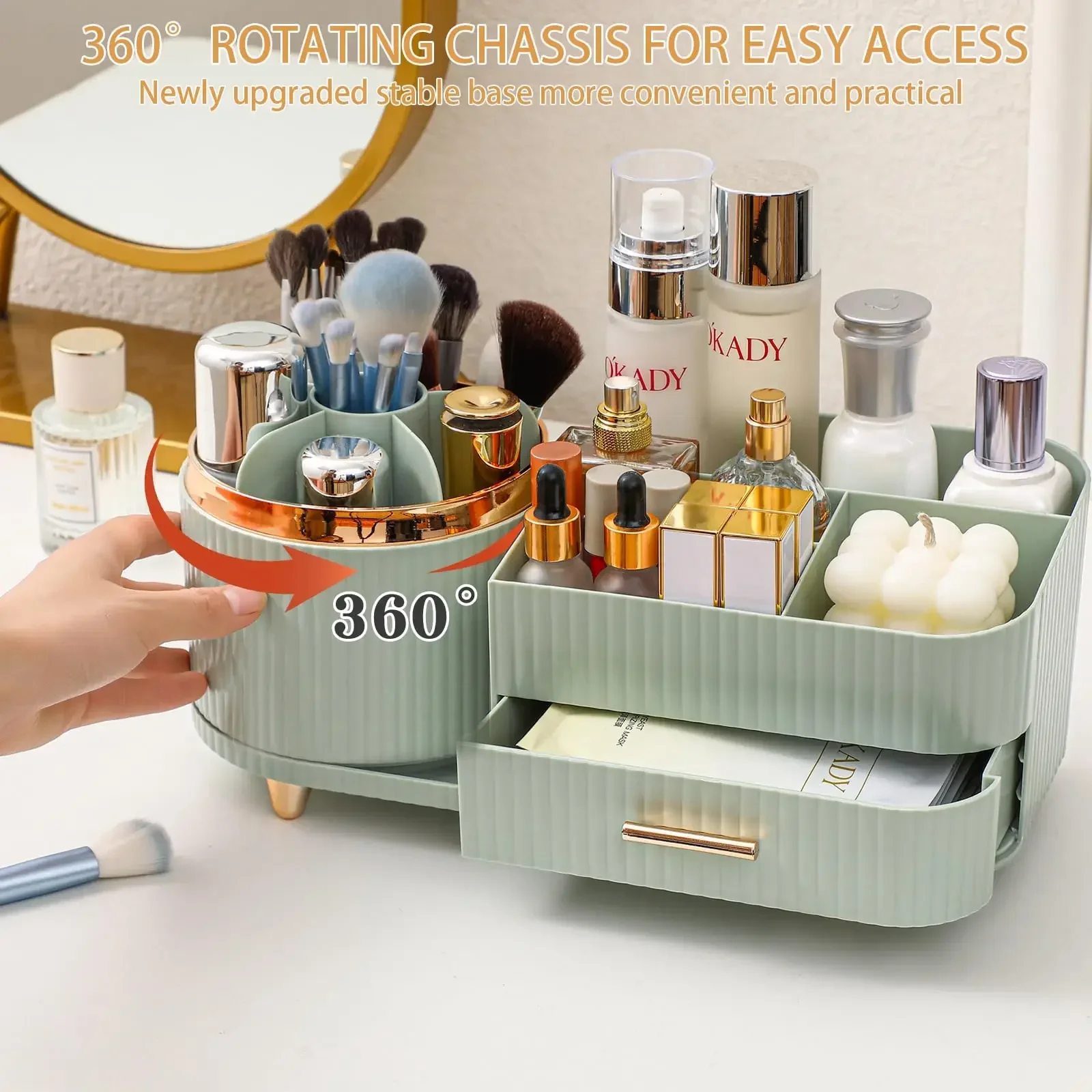 Large Capacity 360° Rotating Makeup and Skincare Organizer with Drawers