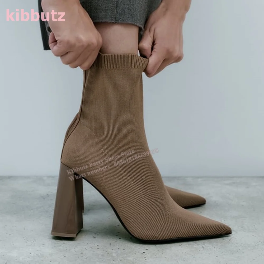 

Knitwear Stretch Ankle Boots Pointed Toe Square Heel Solid Color Slip-On Fashion Sexy Elegant Concise Women Shoes 2023 Newest