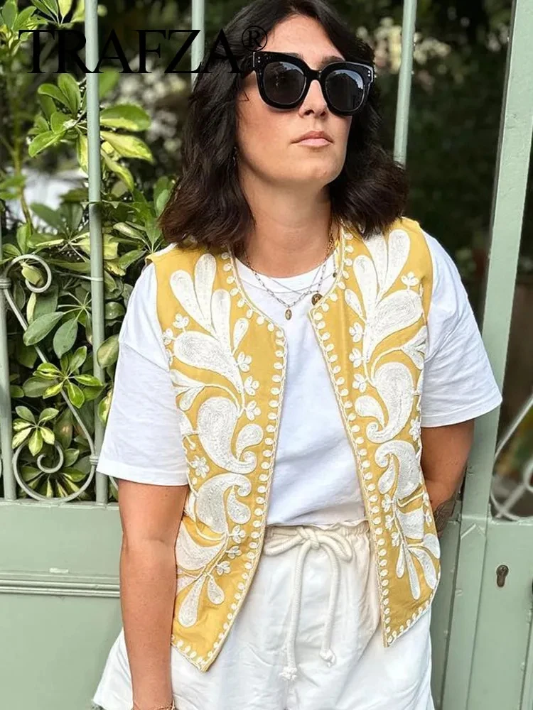 TRAFZA 여성용 자수 조끼, Y2k 빈티지 캐주얼 민소매 카디건 조끼, 탑 패션, 여성 꽃 자수 조끼