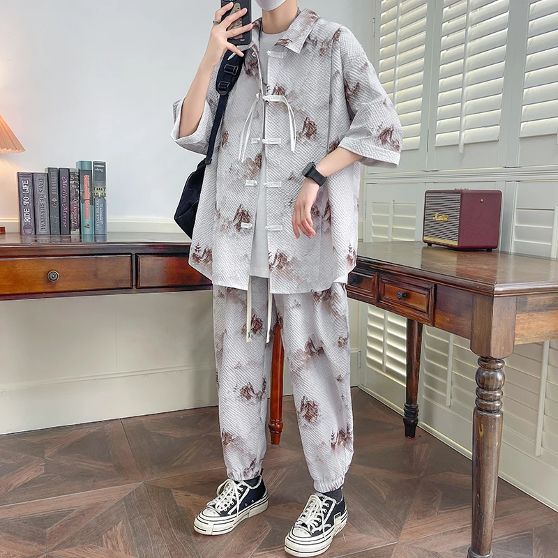 

Male Shirt and Ankle Pants Tracksuit Summer Top Clothes for Men Pants Two Pieces Sets Suits Shorts Short Sleeve Shirts XXXXL
