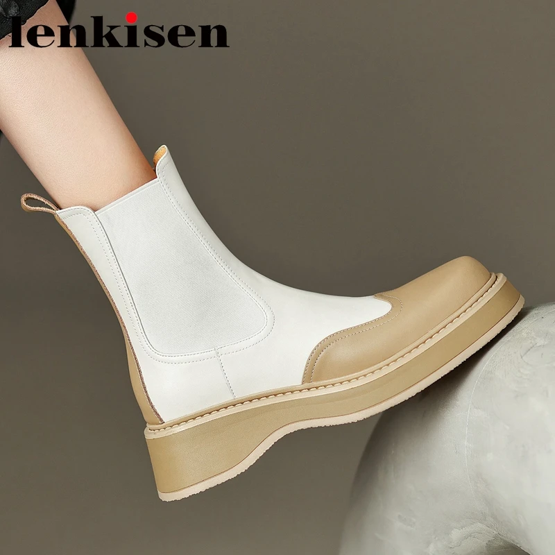 

Lenkisen Cow Split Leather Round Toe Flat With Thick High Heels Chelsea Boots Splicing Leisure Mixed Colors Slip on Ankle Boots