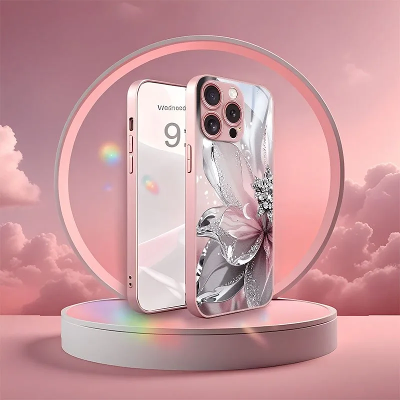 Pink Metallic Glass Phone Case with Silver Textured Floral Pattern