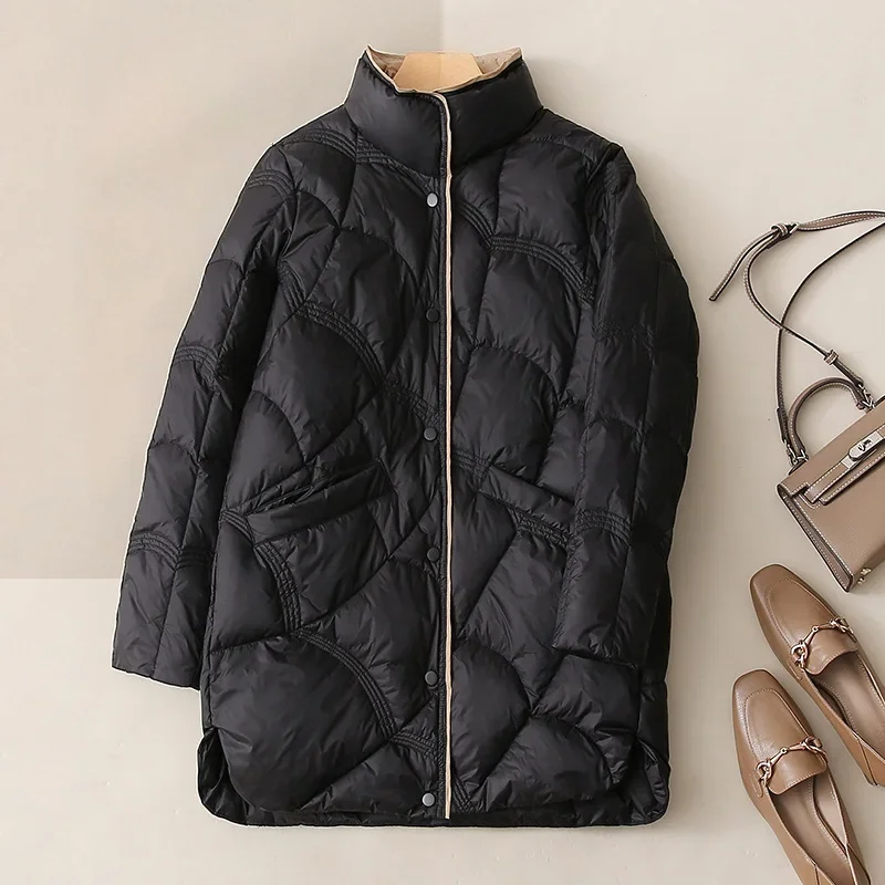 

2023 Winter New Fashion Stand Collar X-Long Women Down Jackets Female Casual Loose Ultra Lightweigh White Duck Down Warm Coat