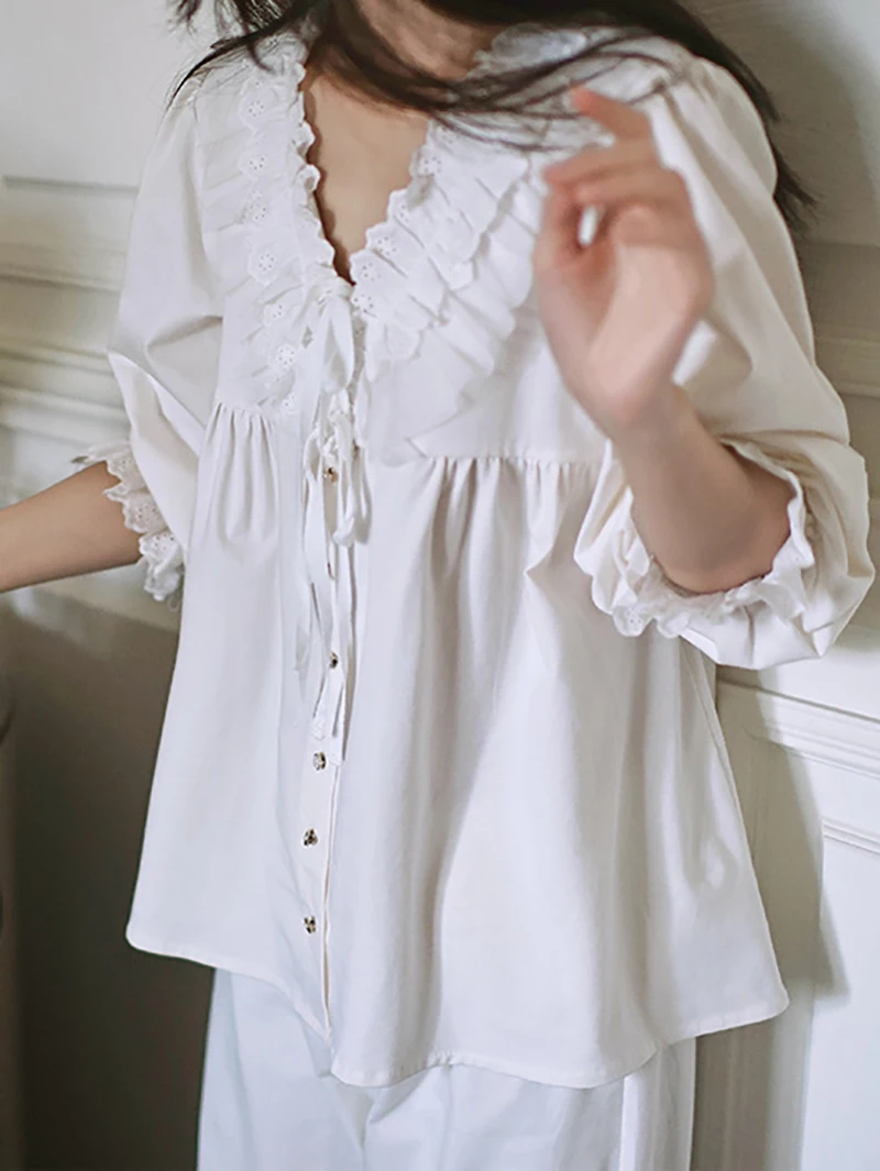 

Women Long Sleeve 95% Cotton Fairy Sweet Girls Korean Homewear Pajamas Two Piece Set Lolita Lace Victorian Sleepwear Outfits