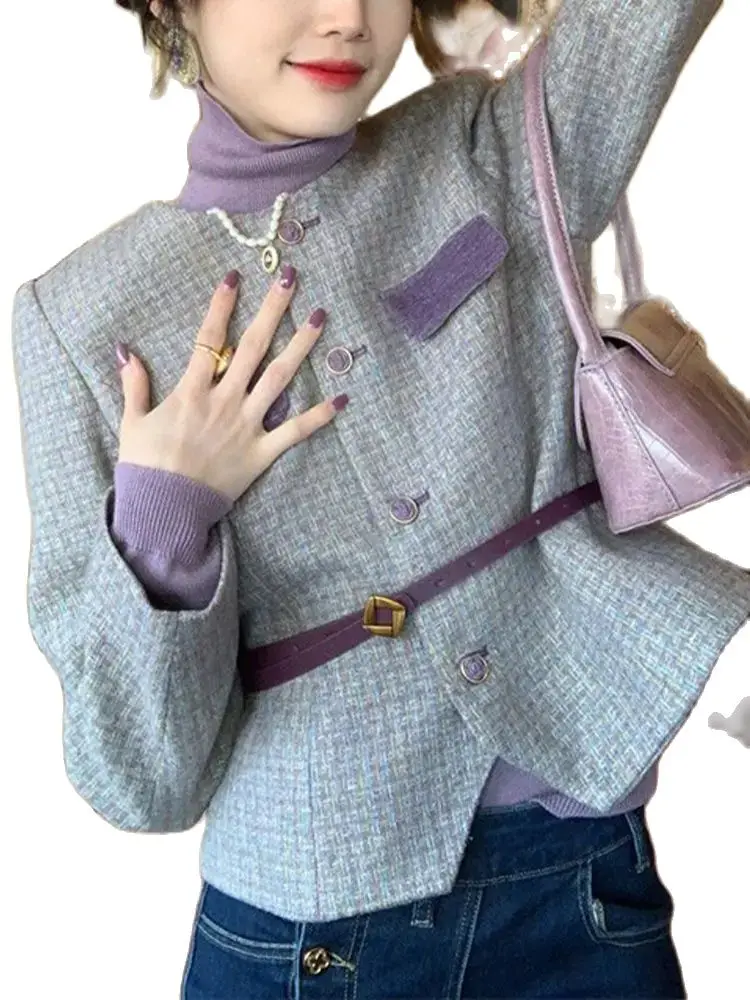 Korea Jacket Women'S Winter Short Fashion Fragrant Coat Belt Round Neck Coarse Tweed Jacket