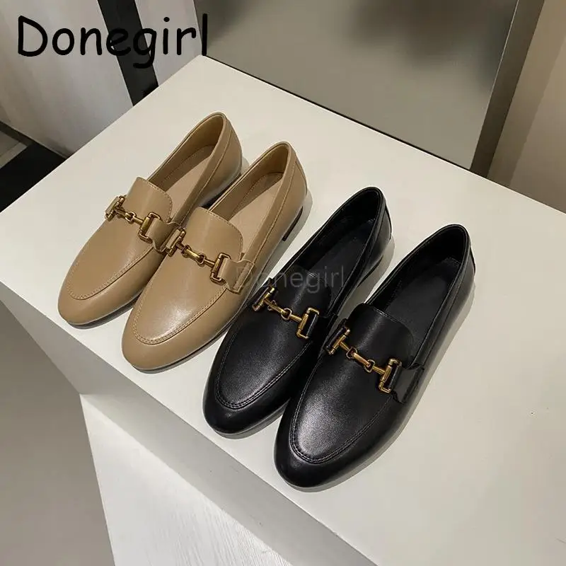 

Donegirl 2023 New Women Fashion Genuine Leather Round Head Solid Metal Clips Flat Loafers Versatile Commute Shoes Female Chic