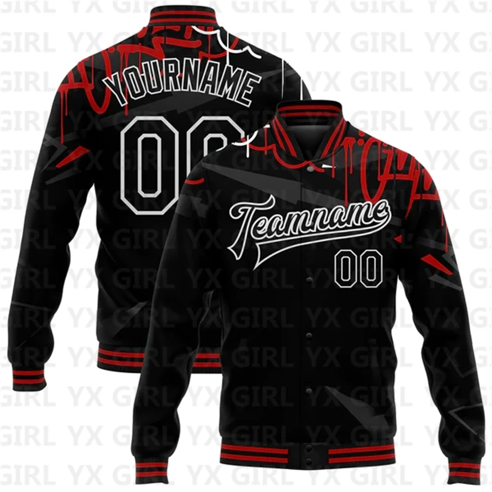 Custom Graffiti Pattern Black-Red Dark Abstract Urban Street Bomber Full-Snap Varsity Letterman Jacket Baseball Button Jacket