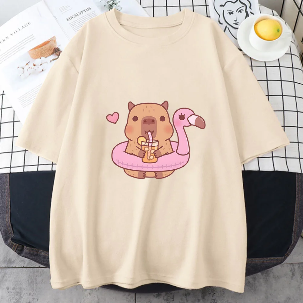 Women's Summer Capybara Bubble Tea Anime Print O-neck Cotton T-shirt