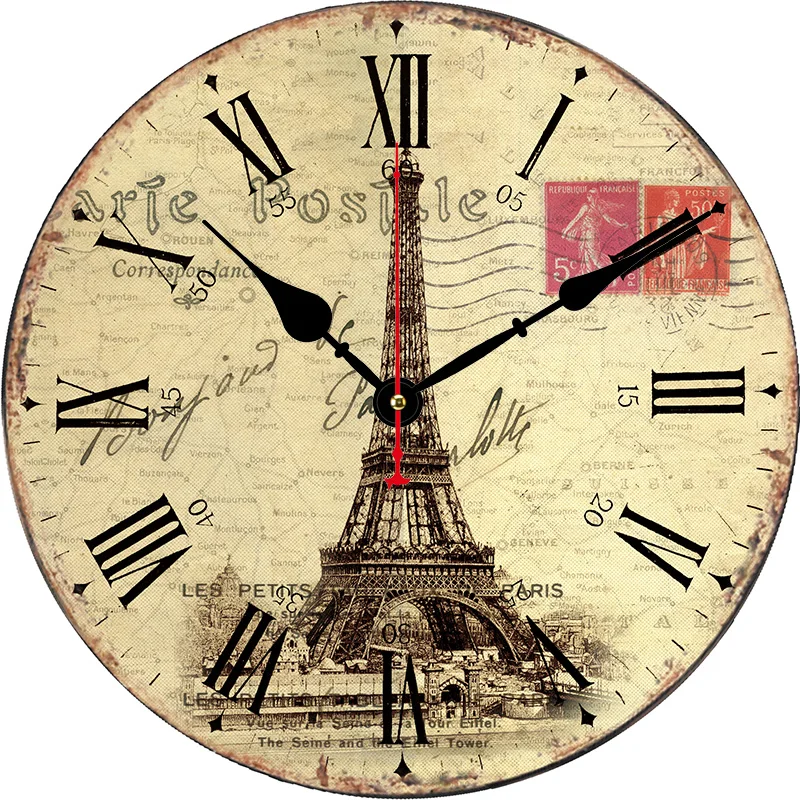 Large Retro Paris Eiffel Tower Round Wall Clock Color:Z1084;Sheet Size:16inch(40CM)