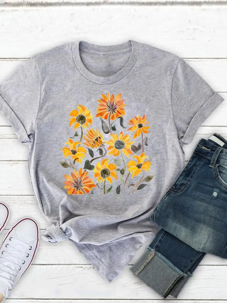 

Printing Clothing Print Fashion Women Summer Watercolor Flower Floral Cute Short Sleeve Tee Top Tshirt Graphic T-shirts
