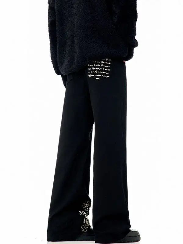 American black jeans men embroidered leg silhouette ins niche fashion loose casual Korean style simple versatile straight pants