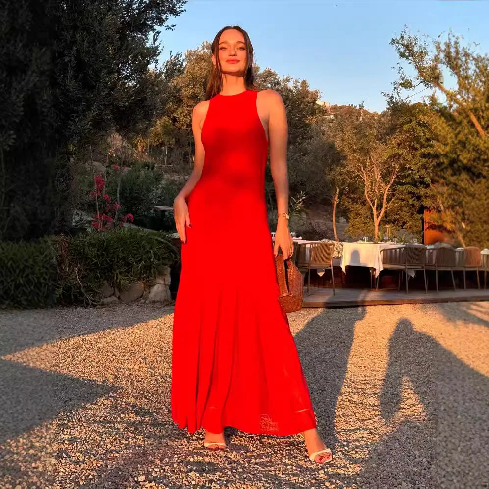 Sexy Knit Patchwork Maxi Dress Female Sleeveless See-Through High Waist Fashion Elegant Party Dress Women's Knitwear Dress