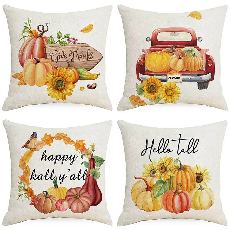 Fall Pillow Covers 18 X 18 Set Of 4, Thanksgiving Farmhouse Decorations Orange Pumpkin Outdoor Autumn Leaves Scarecrow Pillows Decorative Throw Cushion C