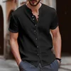 New Style Men's Shirt Summer Fashion Trend Stand-Up Collar Cotton Hemp Button Casual Slim Short Sleeve Top 2