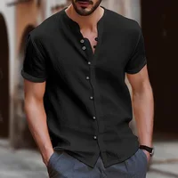 New Style Men's Shirt Summer Fashion Trend Stand-Up Collar Cotton Hemp Button Casual Slim Short Sleeve Top 2