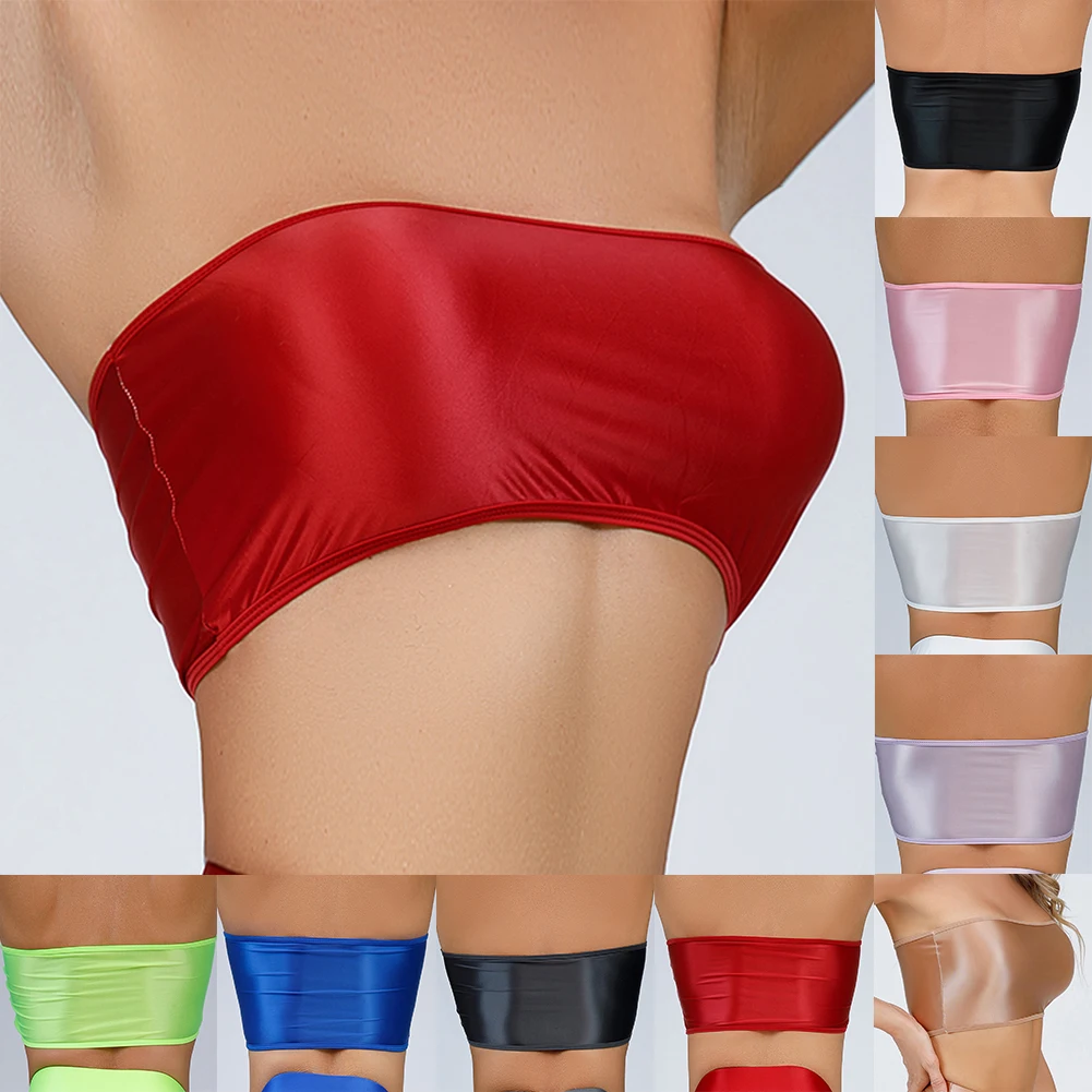 Description Picture 4 of itemSexy Women Oil Glossy Shiny Strapless Crop Tube Top Rave Bandeau Bra Tank Top T-shirt Elastic Underwear Breathable Underpants