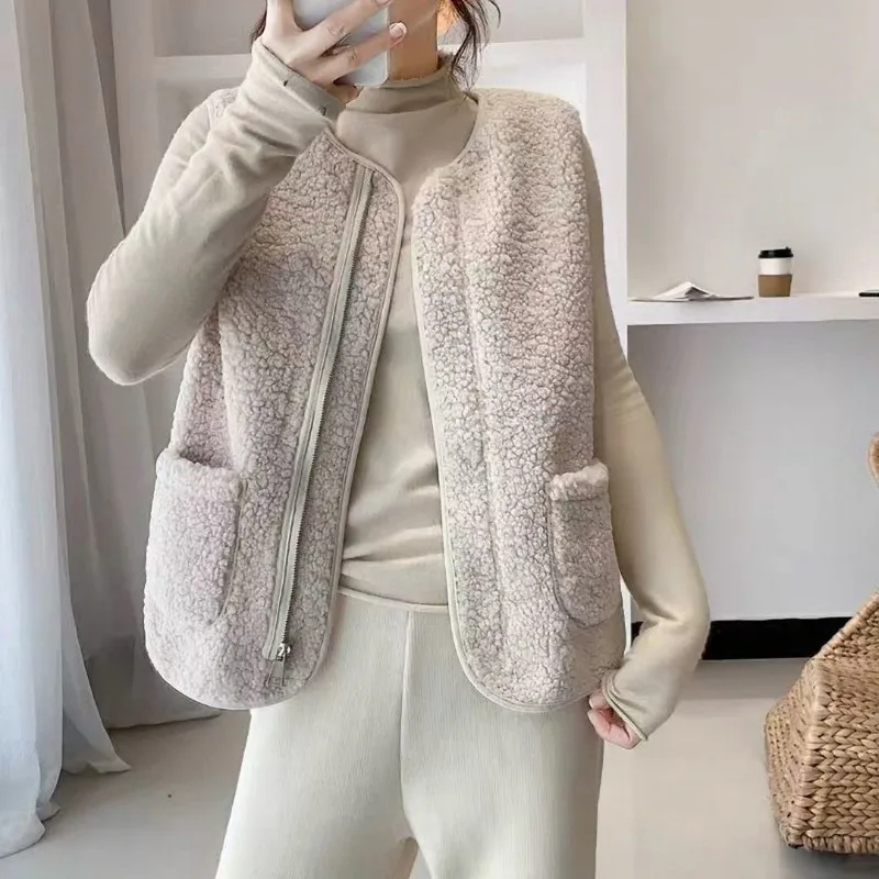 Autumn Winter Women's Round Neck Solid Zipper Flocking Pockets Sleeveless Cardigan Jackets Coats Fashion Casual Office Lady Tops solid sleeveless vest jackets men women padded zipper stand up collar vest coat loose puffer thicken waistcoat warm outerwear