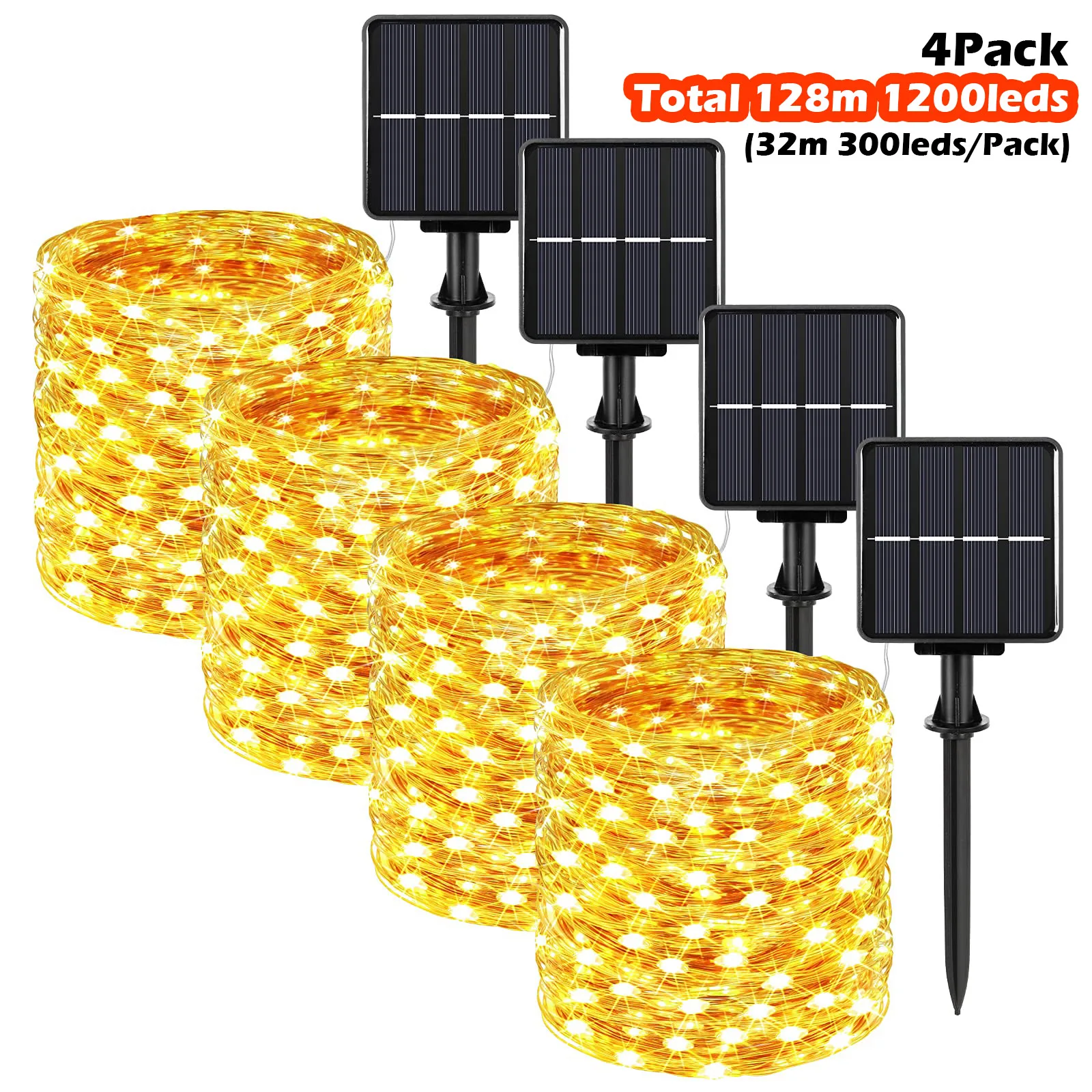 

4Pack Total 128m Solar Fairy String Lights 1200 LED Outdoor Twinkle Lights Waterproof 8 Modes Silver Wires for Tree Garden Party