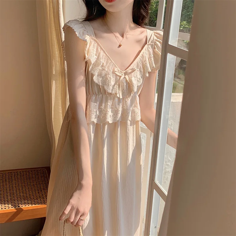 Lace Solid Sweet Summer Sleeveless NightDress Women Korean Style Sleep Tops Home  Kawaii Princess Elegant Casual  Loose Ins
