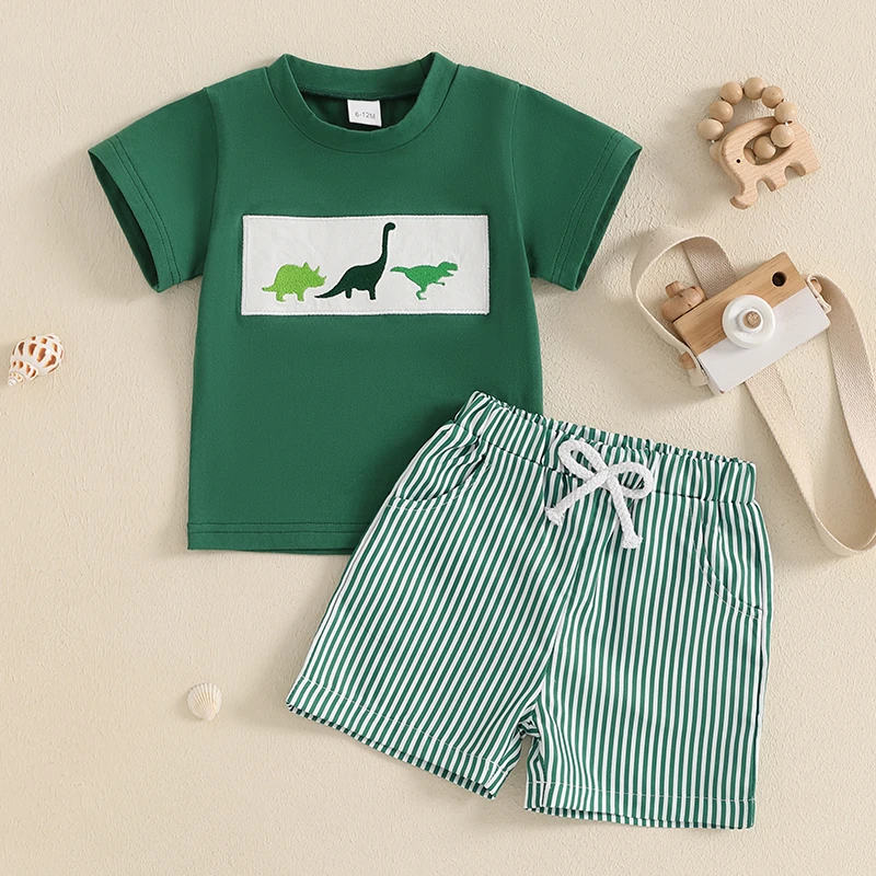 Lioraitiin Toddler Baby Boy Shorts Set Whale/Dinosaur/Turtle Short Sleeve T-shirts Striped Elastic Waist Shorts Summer Outfit 3