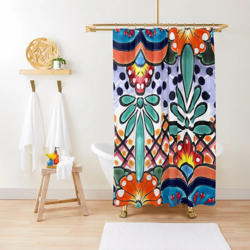 Colorful Talavera, Orange Accent, Mexican Tile Design Shower Curtain Shower Curtains For Bathroom Shower Curtain Set