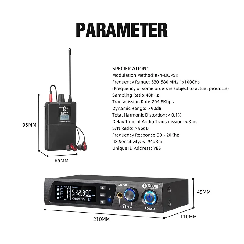 Debra UHF PRO Wireless Headphone Earphone Monitor ER-102 Transmitter Receiver Audio For Concerts Home Theater Stage