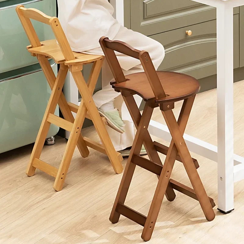 Bamboo Foldable Bar Chair Portable High Counter Stool Space Saving Backrest Nordic Coffee Shop Dining Furniture