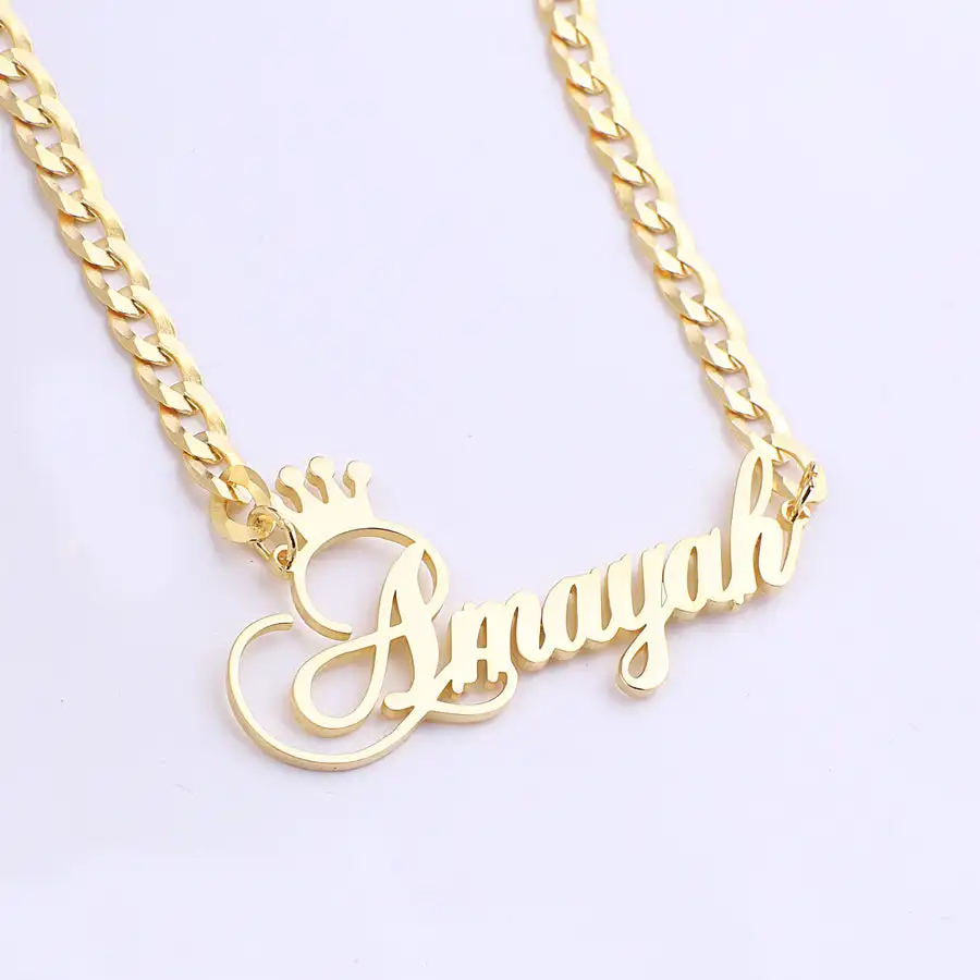 Initial Crown Name Necklace with Cuban Chain Personalized Gold Plated Name Necklace Stainless Steel Custom Pendant Gift for Her