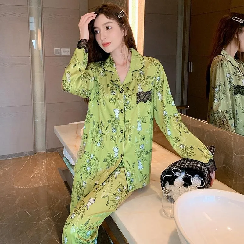 2024 Spring Autumn New Women Pajamas Female High-Grade Lace Long Sleeve Ice Silk Nightclothes Suit Casual Comfortable Homewear